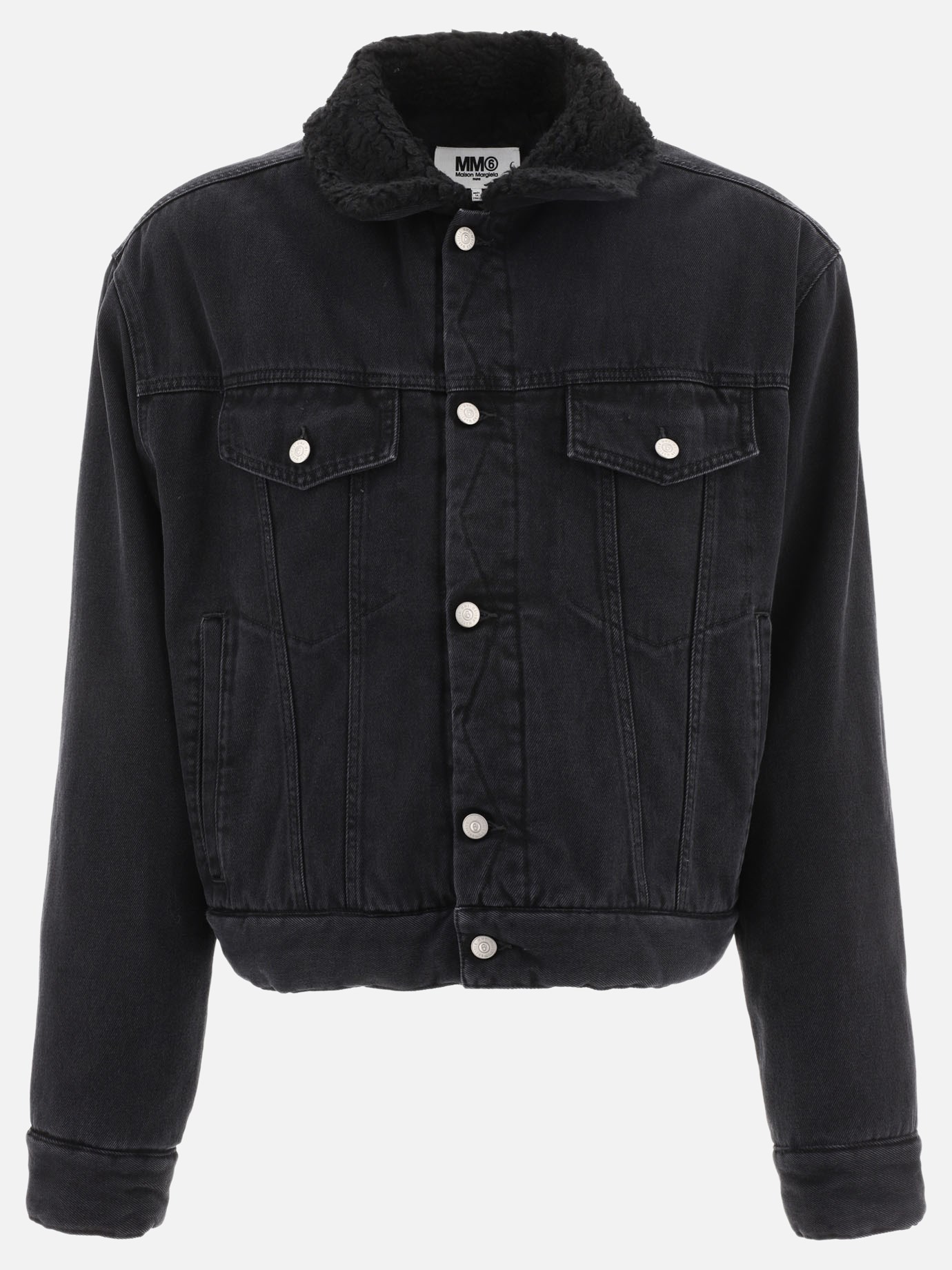 Denim bomber jacket with shearling collar