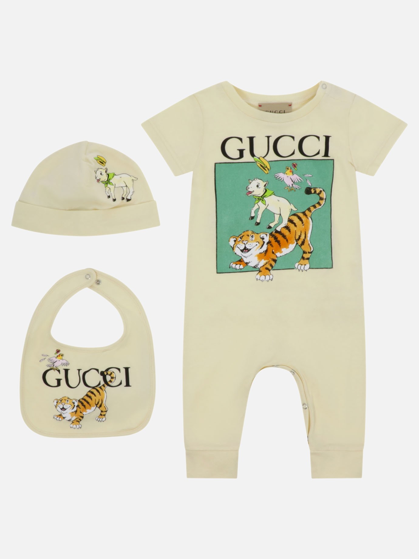 Completo pagliaccetto, cappello e bavaglino con stampa animali by Gucci Kids
