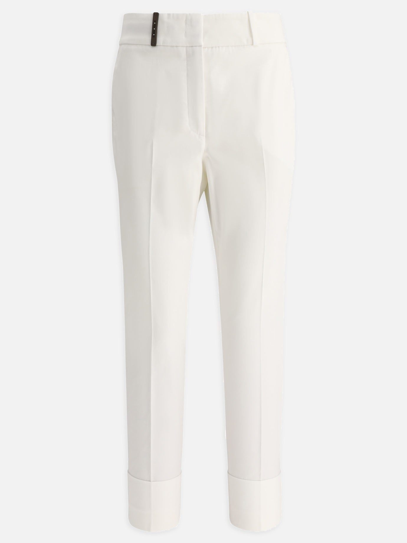 Trousers with high turn-up hem