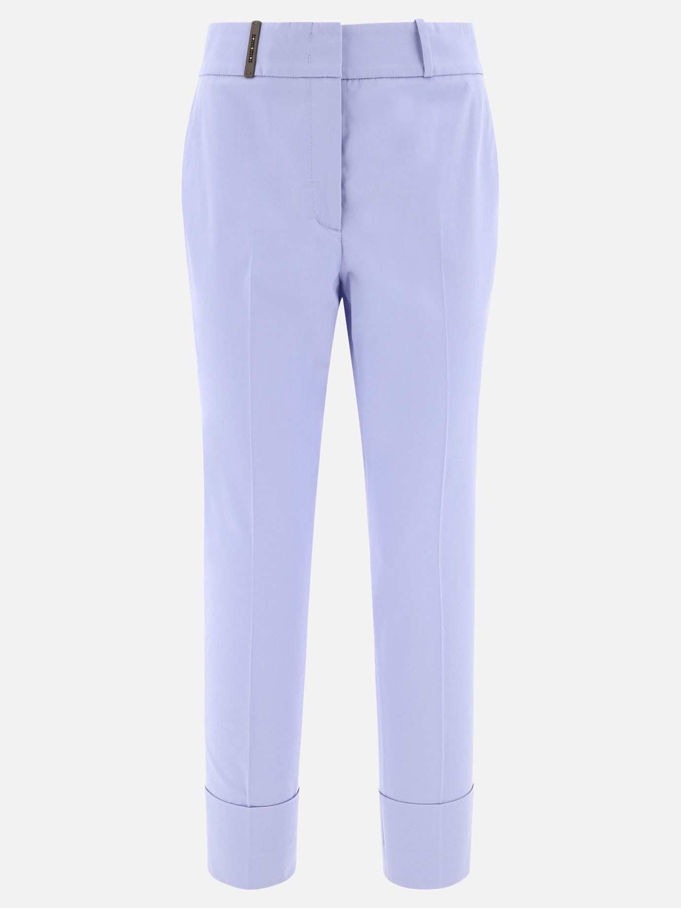 Trousers with high turn-up hem